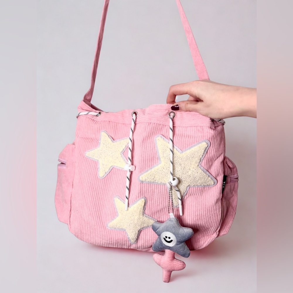 Pink Star Appliqué Corduroy Shoulder Bag Kawaii Tote